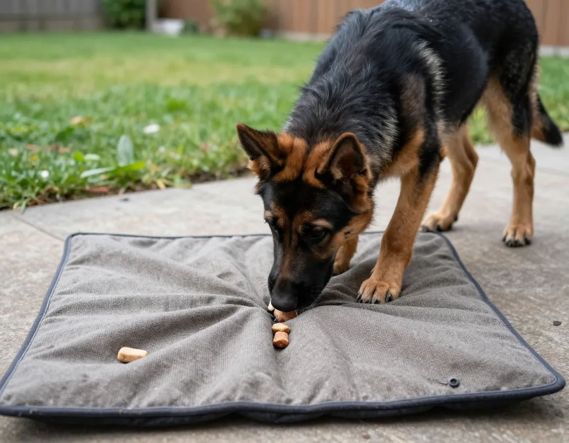 Structured exercise mental stimulation puppy scent game find treat backyard