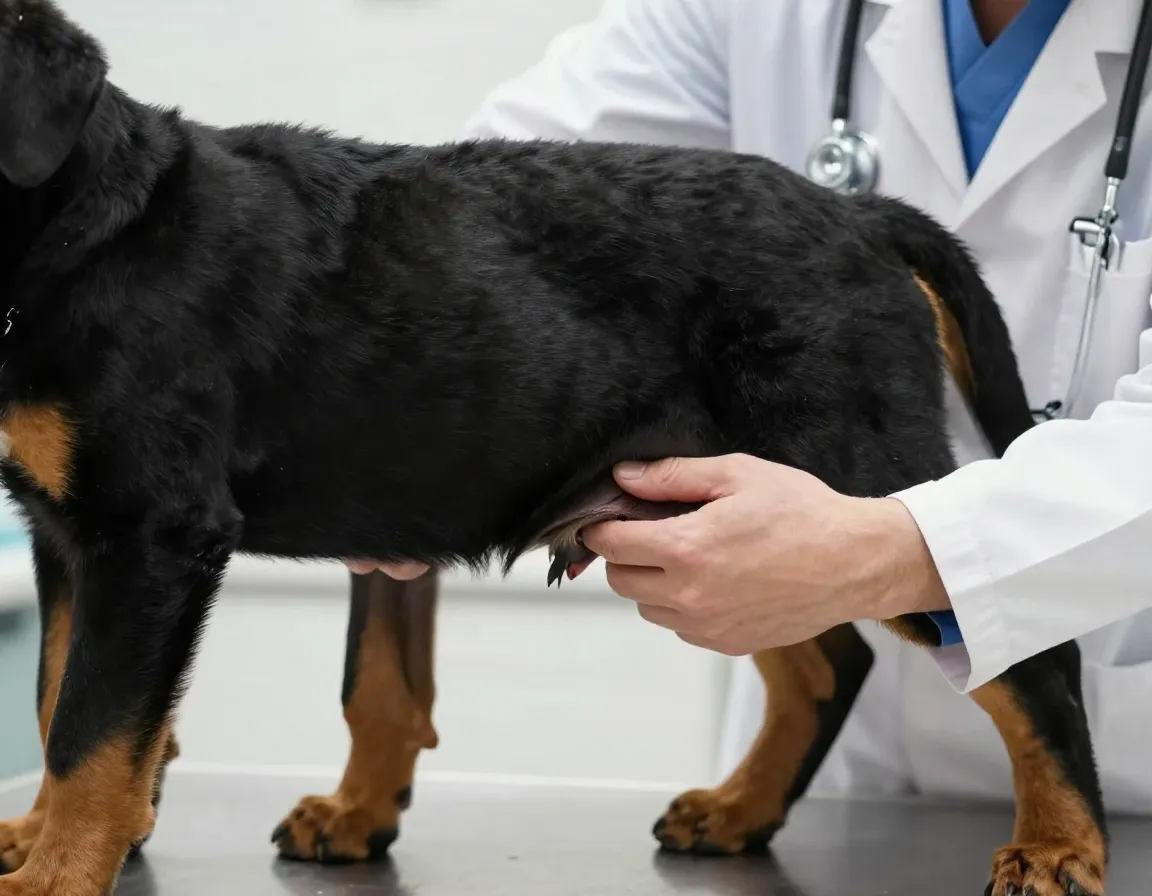 Veterinarian examining a rottweiler puppys hips and joints
