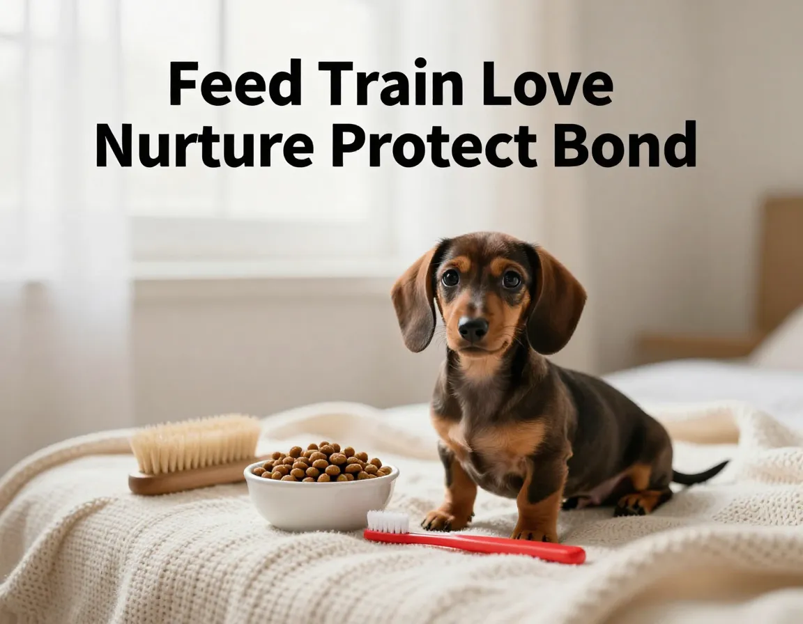 Curious miniature dachshund puppy with care items on knit blanket