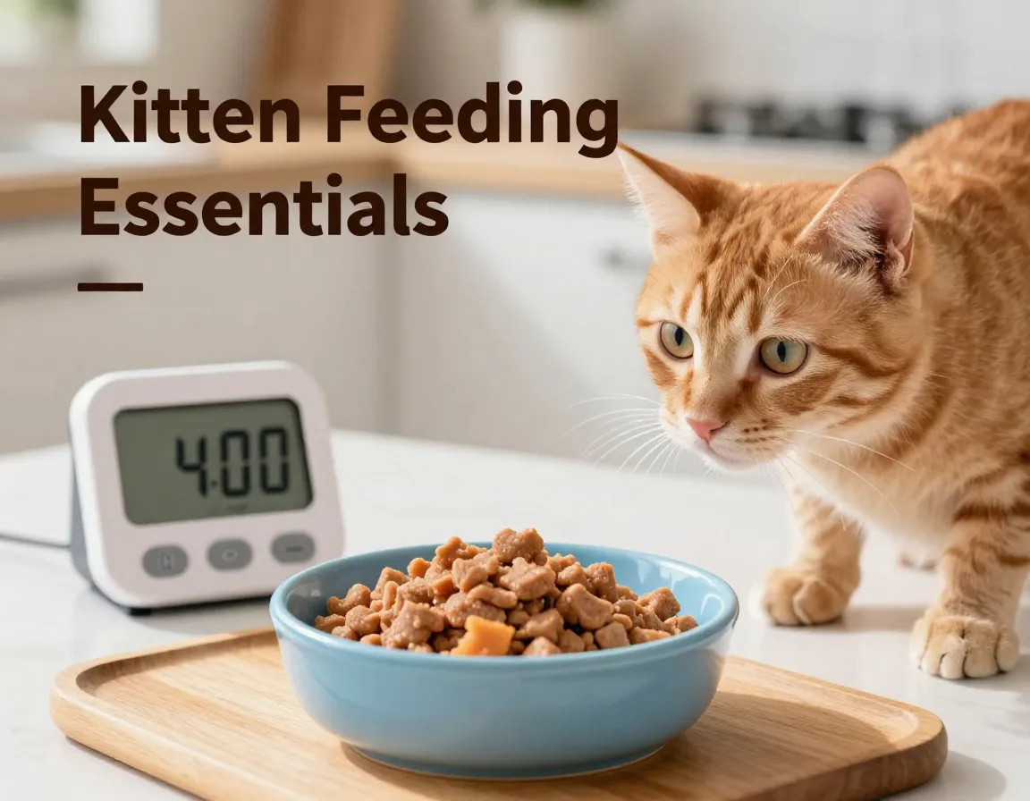 Ginger kitten reaches for measured food bowl with timer background