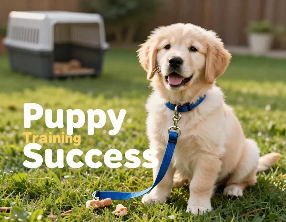 Happy puppy grass leash crate treats clean backyard training