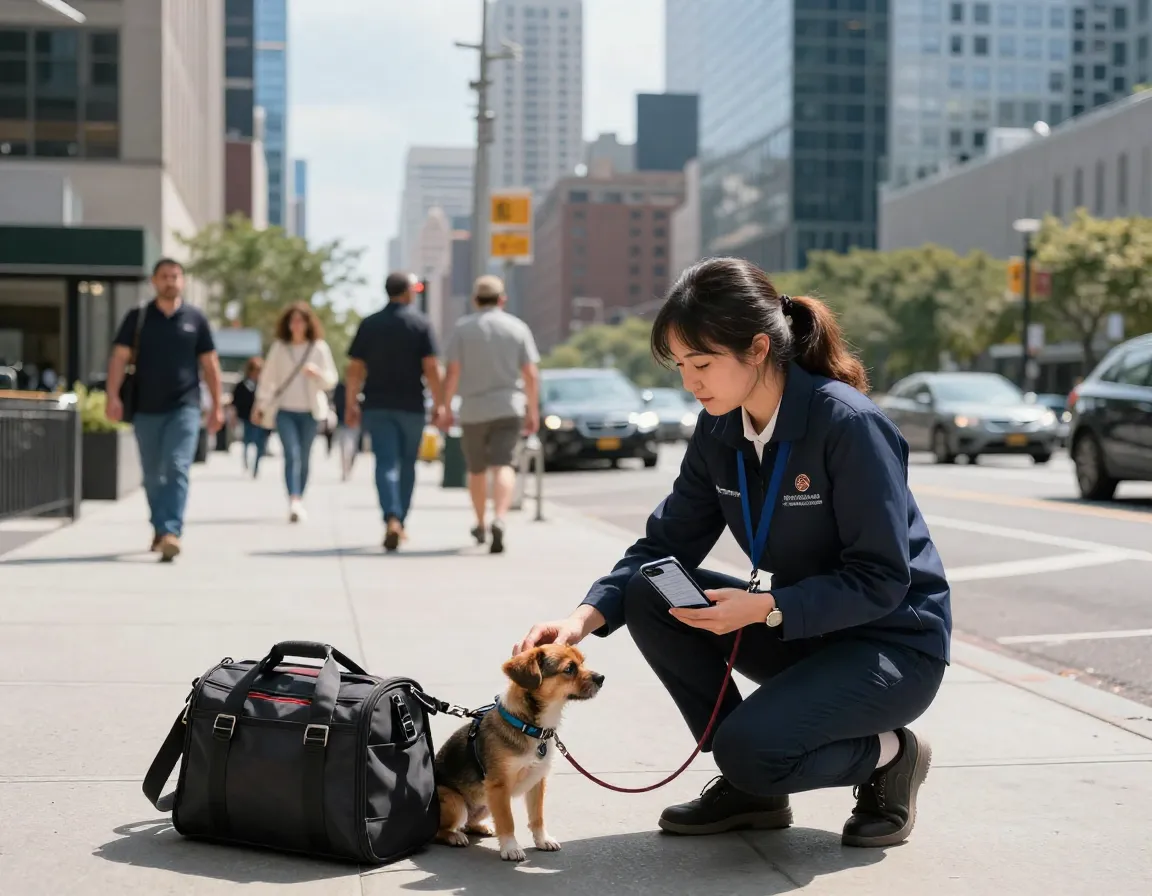 Bustling urban skyline backdrop with professional pet sitter and small dog