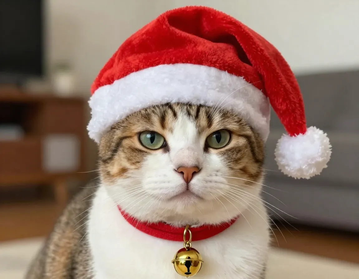 Classic santa hat and collar combination on relaxed cat