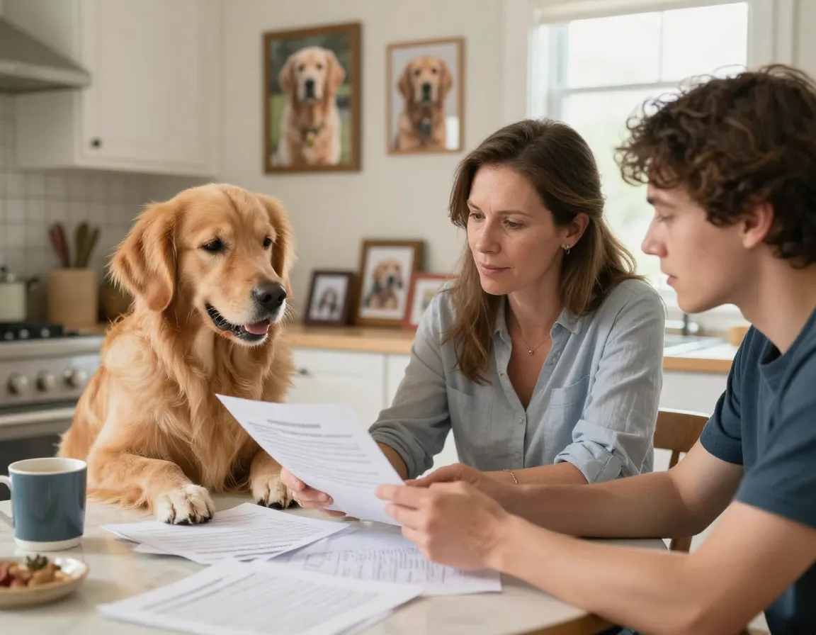 Golden retriever breeder reviewing credentials with prospective owner