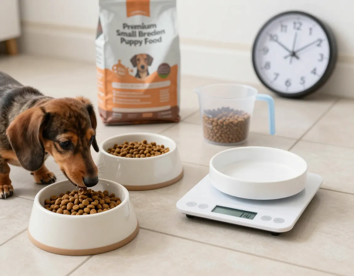 Three ceramic bowls with kibble on scale for miniature dachshund puppy feeding