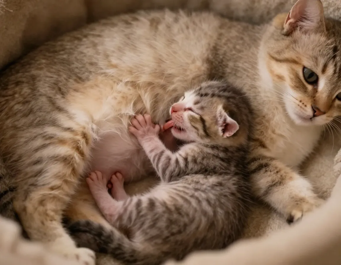 Week old newborn kitten nursing on mother every two hours