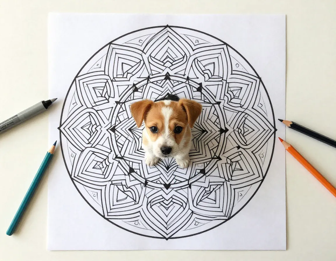 Playful puppy inside a complex mandala geometric design
