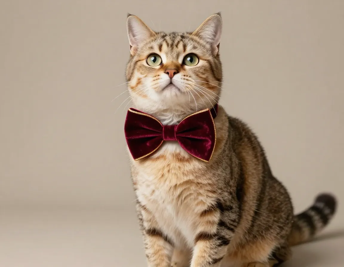 Sophisticated cat wearing a velvet burgundy holiday bow tie