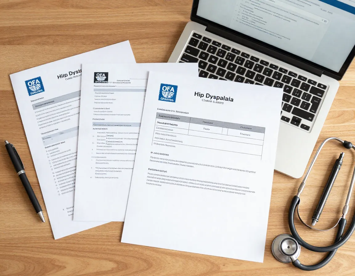 Veterinary documents with ofa hip dysplasia clearance highlighted