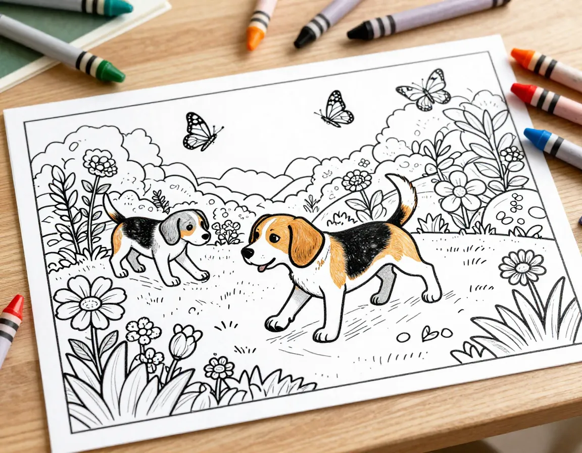 Beagle dog exploring a garden scene with butterflies and flowers