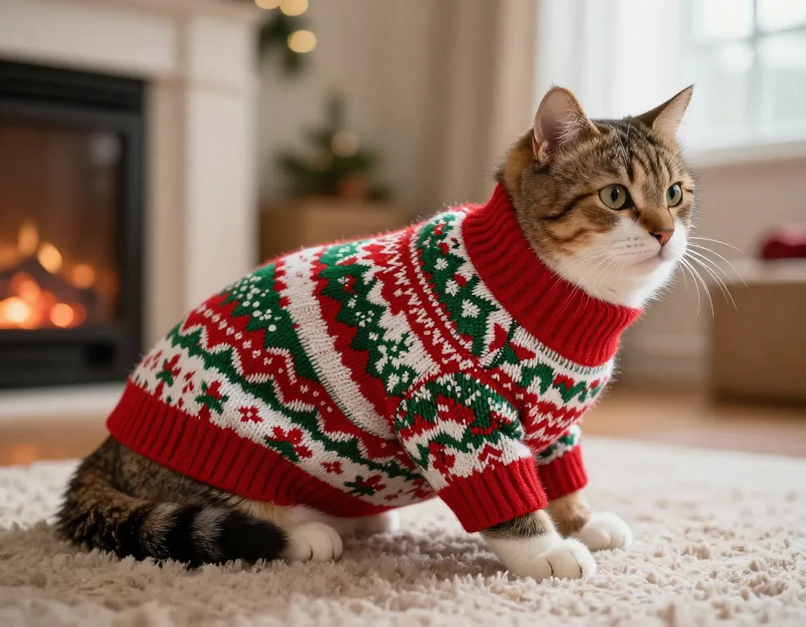 Cat in a cozy fair isle patterned christmas sweater indoors