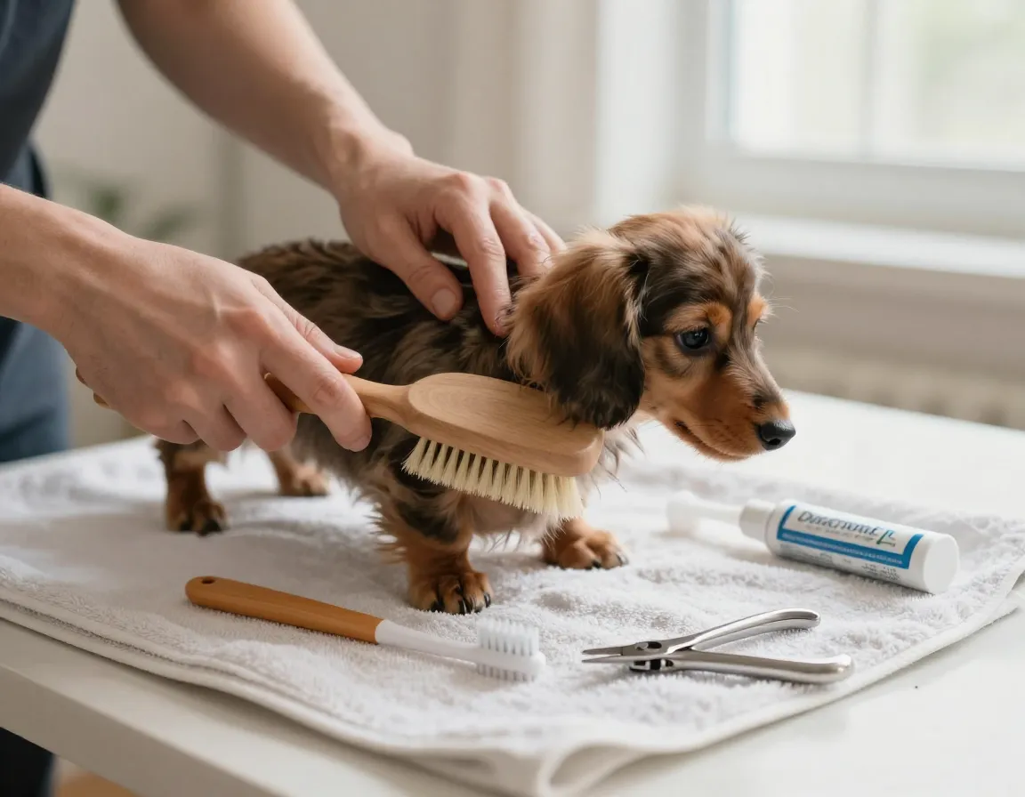 Hands brushing longhaired dachshund puppy with grooming tools