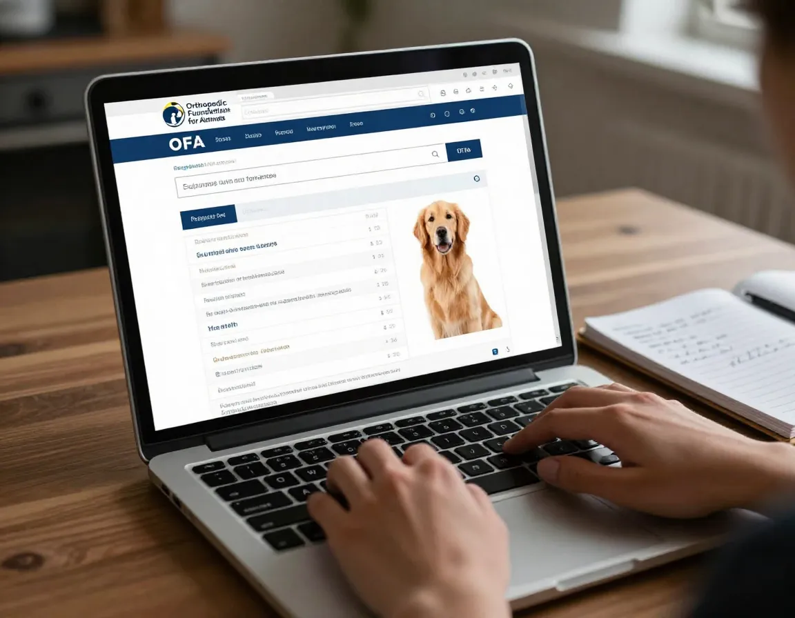 Person verifying golden retriever health clearances on ofa website
