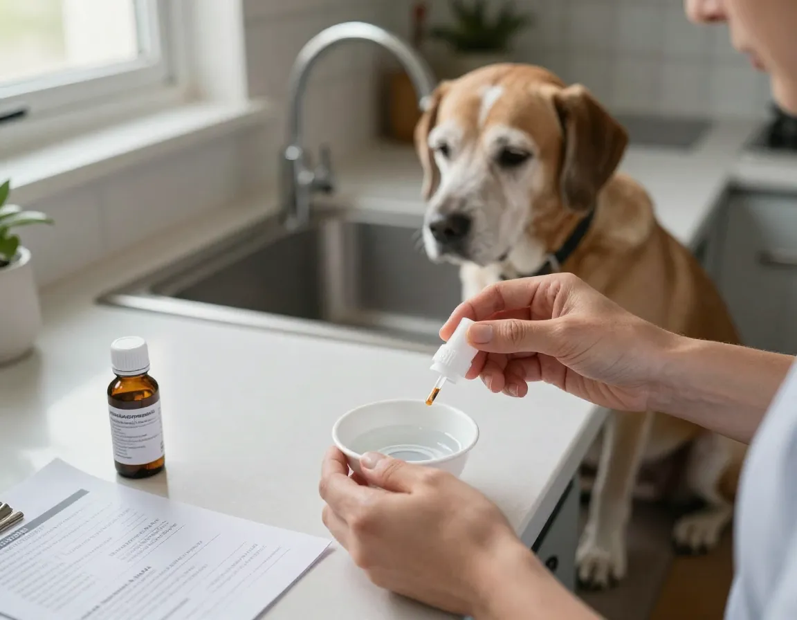 Pet sitter administering medication to senior dog in kitchen