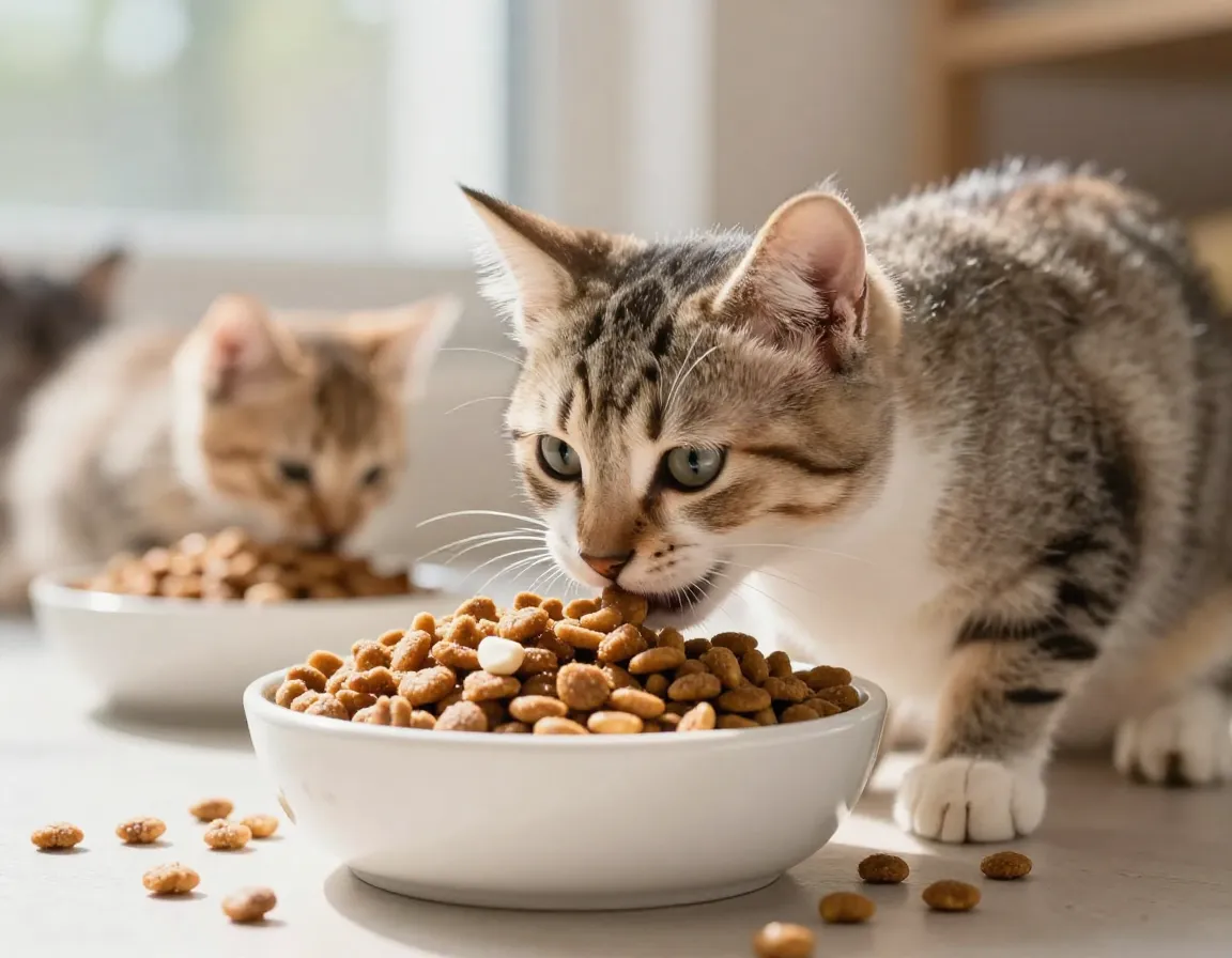 Eight week old kitten eating from a bowl of high quality kibble
