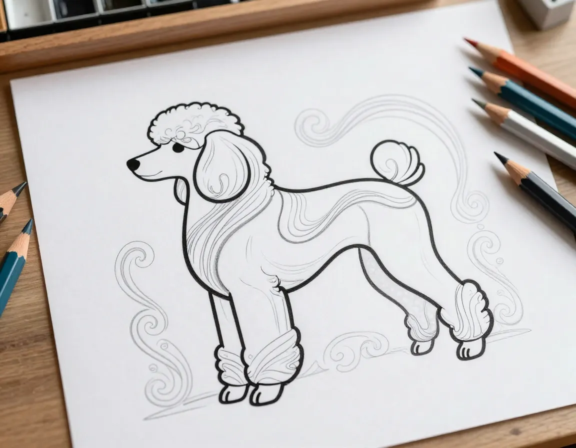 Elegant standard poodle silhouette with decorative curved elements