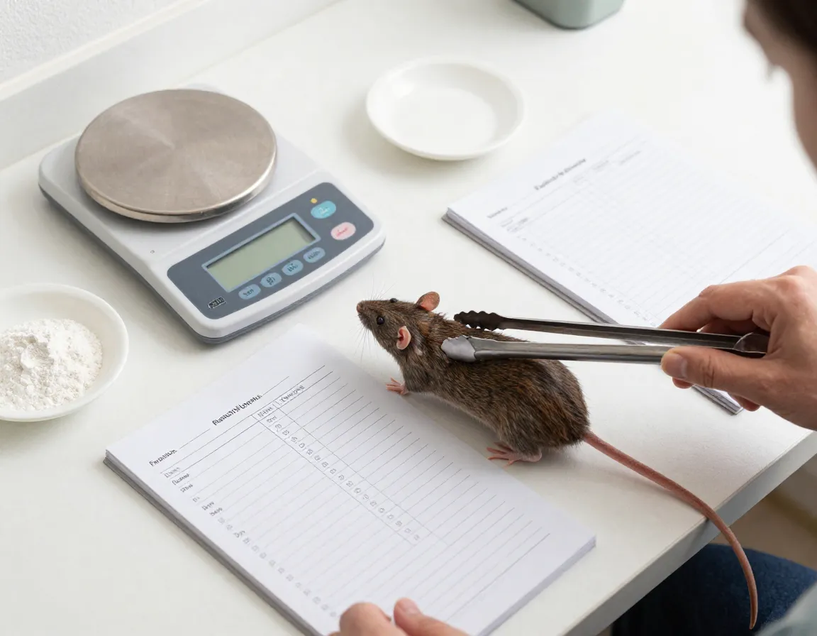Feeding station with frozen thawed rat tongs scale and logbook