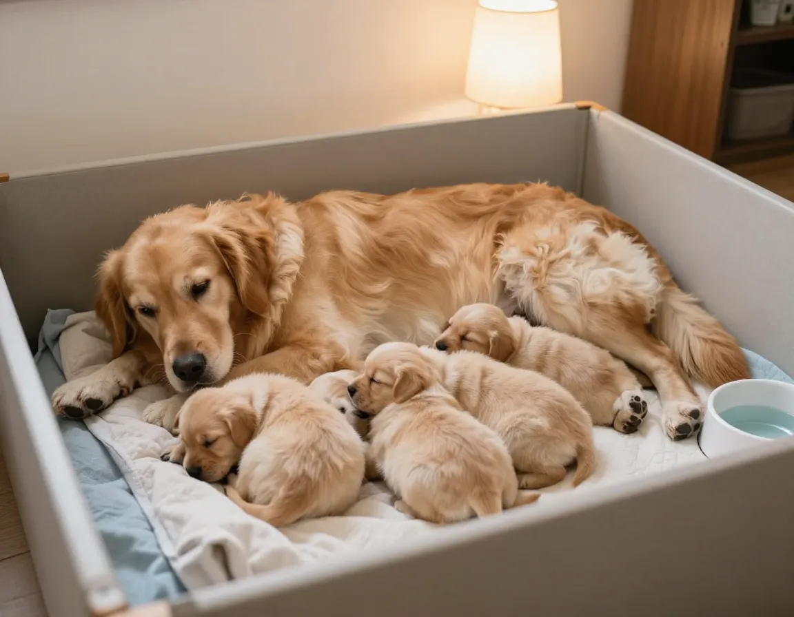 Healthy adult female golden retriever with her single litter of puppies