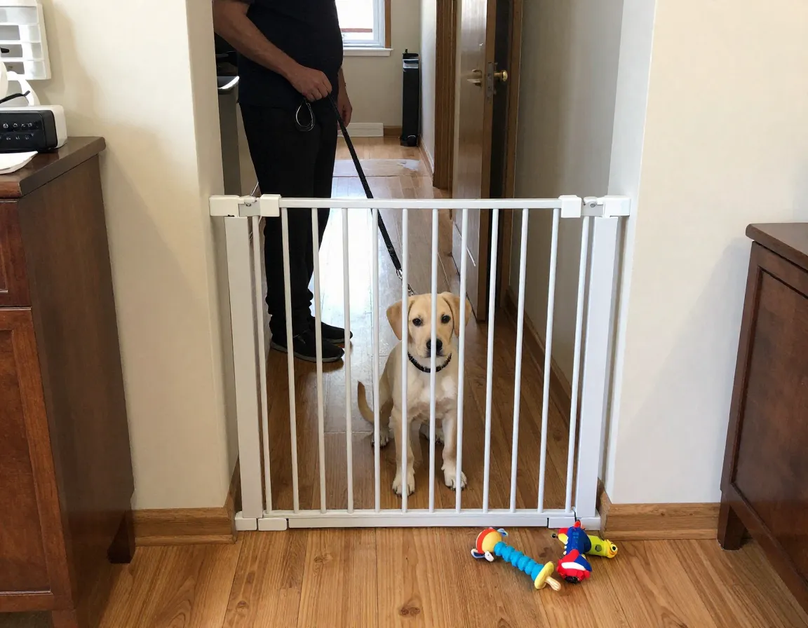 Person supervising a puppy tethered indoors with a baby gate