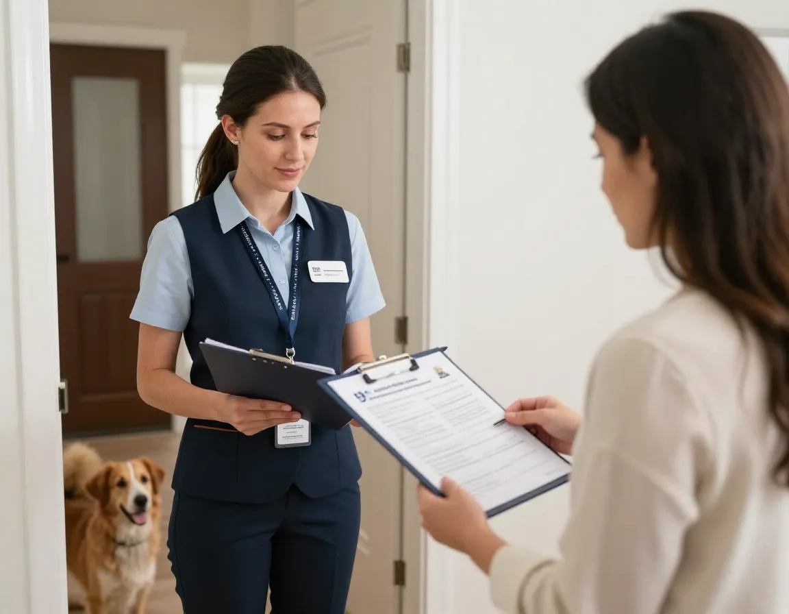 Professional pet sitter presenting credentials to client in home entryway