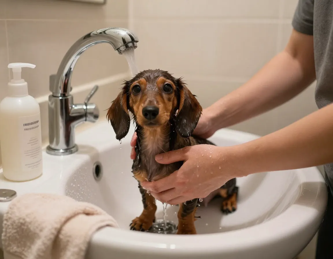 Wet dachshund puppy in sink with gentle water spray