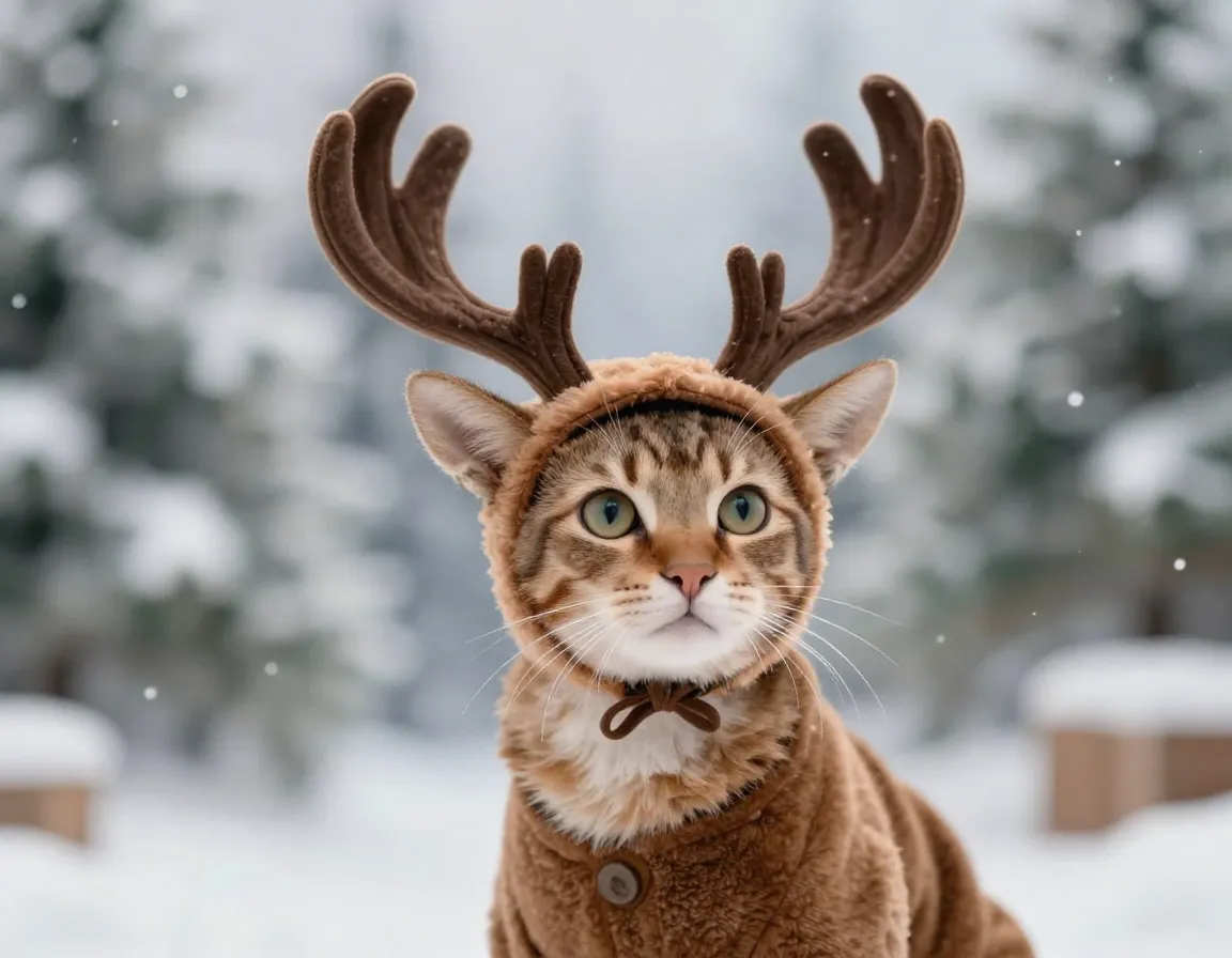 Cat wearing a brown outfit and soft antler reindeer headpiece