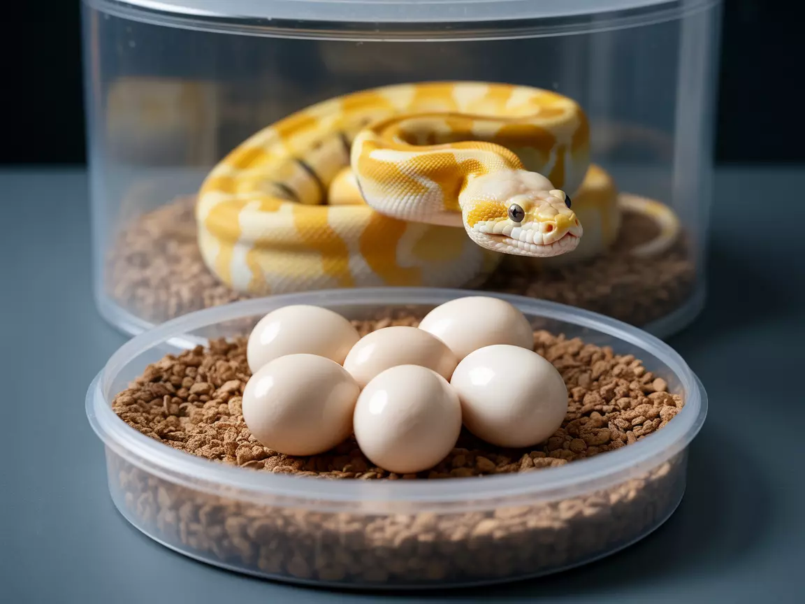 Clutch of ball python eggs in vermiculite incubation container