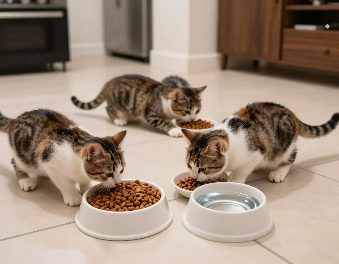 Four month old active kitten with a full bowl of food available