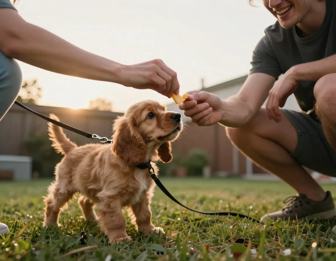 Person rewarding a puppy with treat immediately after outdoor elimination