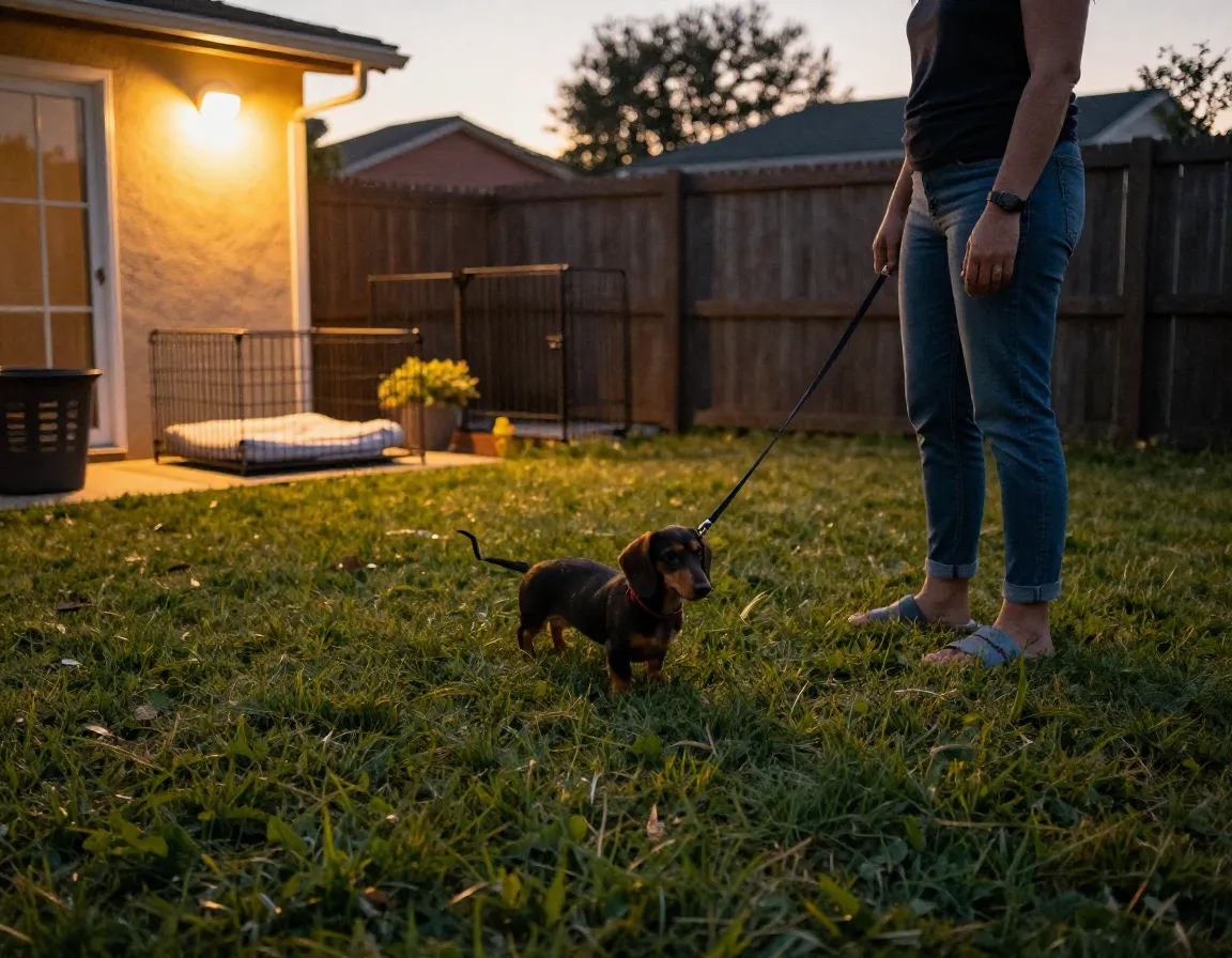Wirehaired dachshund puppy on leash for evening potty break