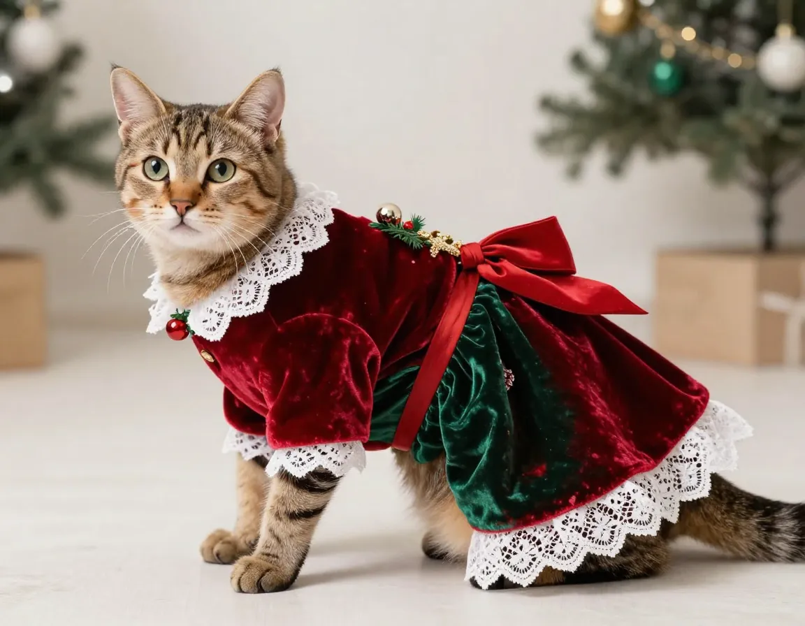 Fashionable cat in an elegant velvet christmas dress with lace