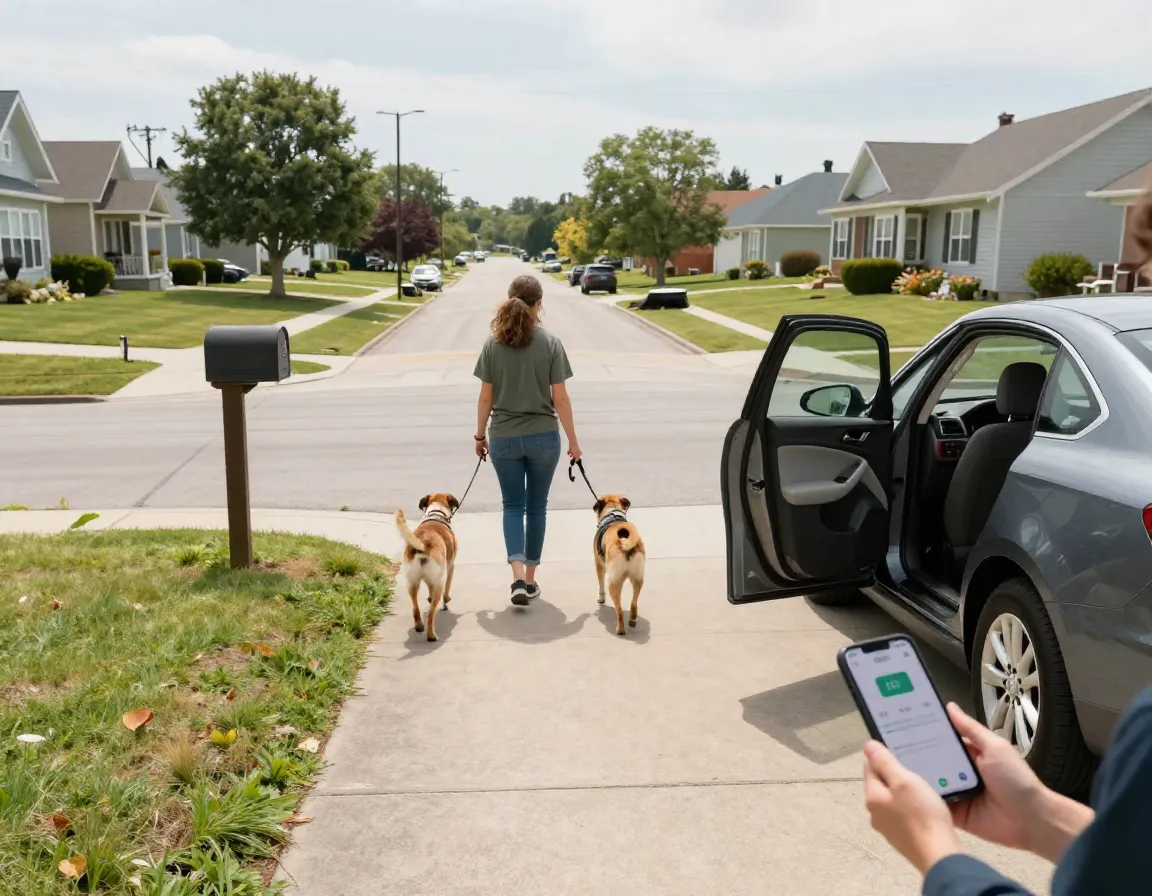 Pet sitter walking dog in suburban neighborhood with car in driveway
