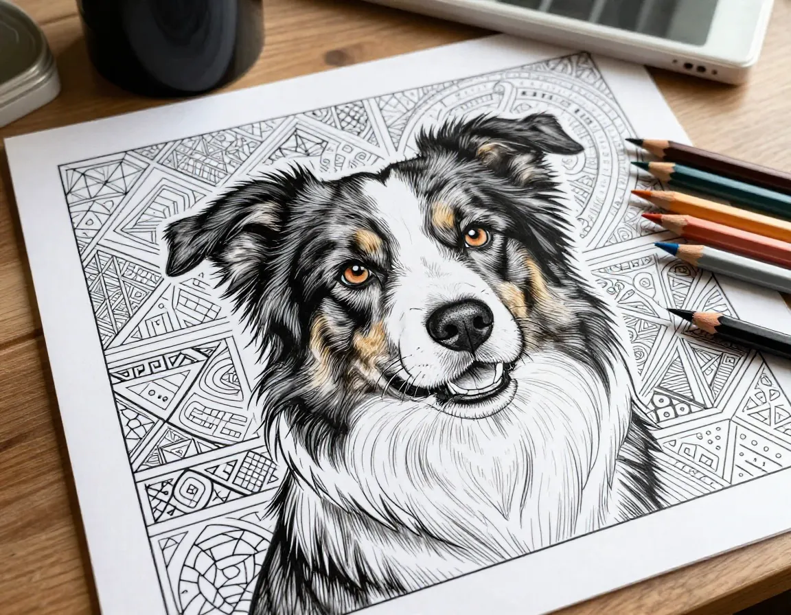 Alert border collie with intricate background reflecting intelligence