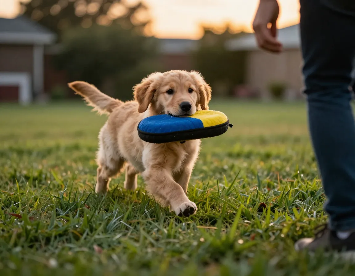 Golden retriever puppy learning basic retrieve with a training dummy