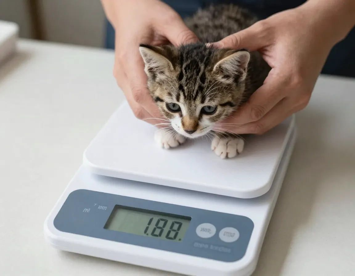 Owner using a digital scale to weigh a healthy juvenile kitten