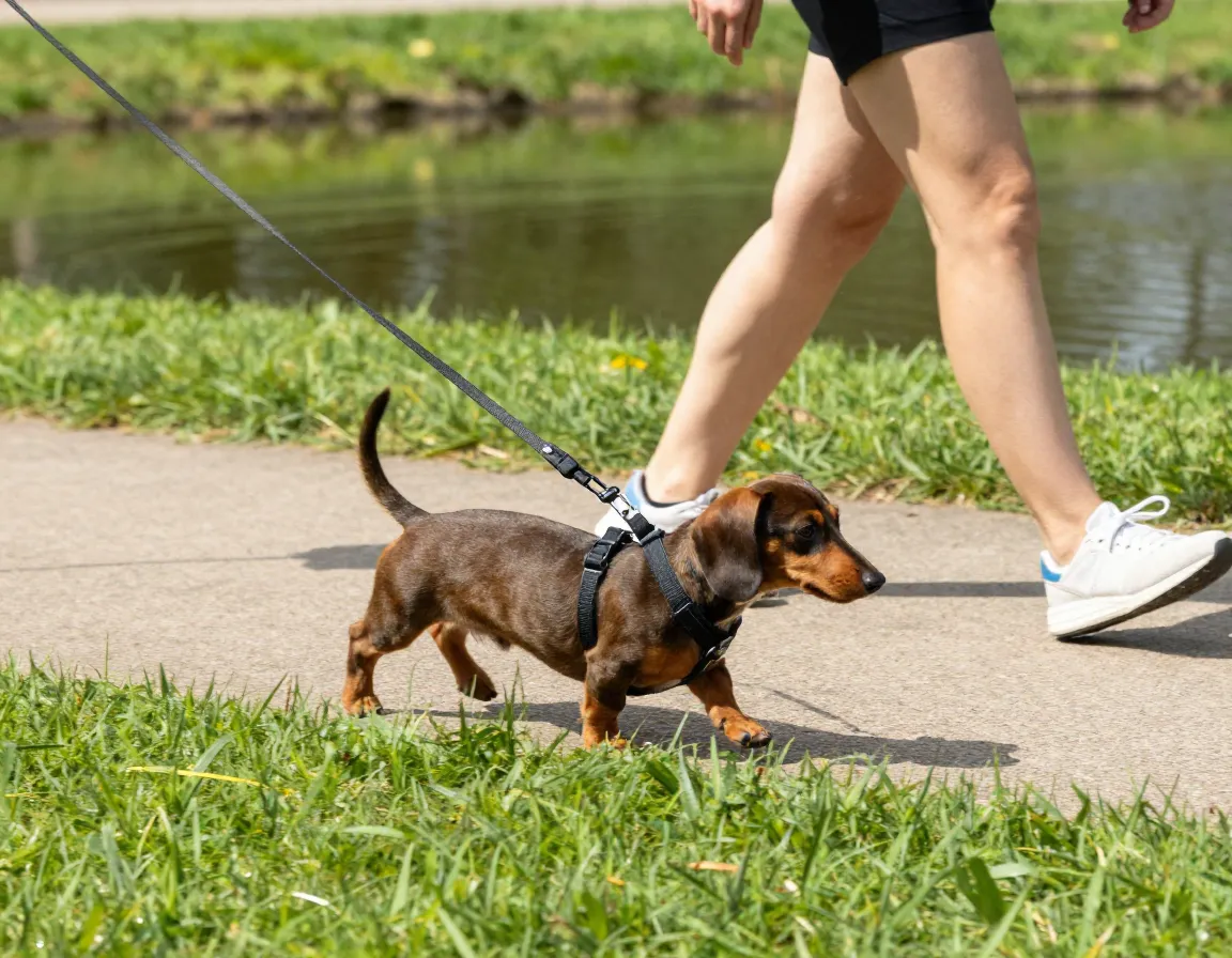 Young dachshund puppy on leash walking on flat grassy path