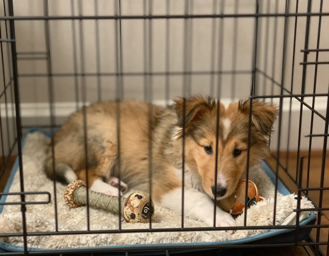A puppy contentedly resting inside an appropriately sized wire crate