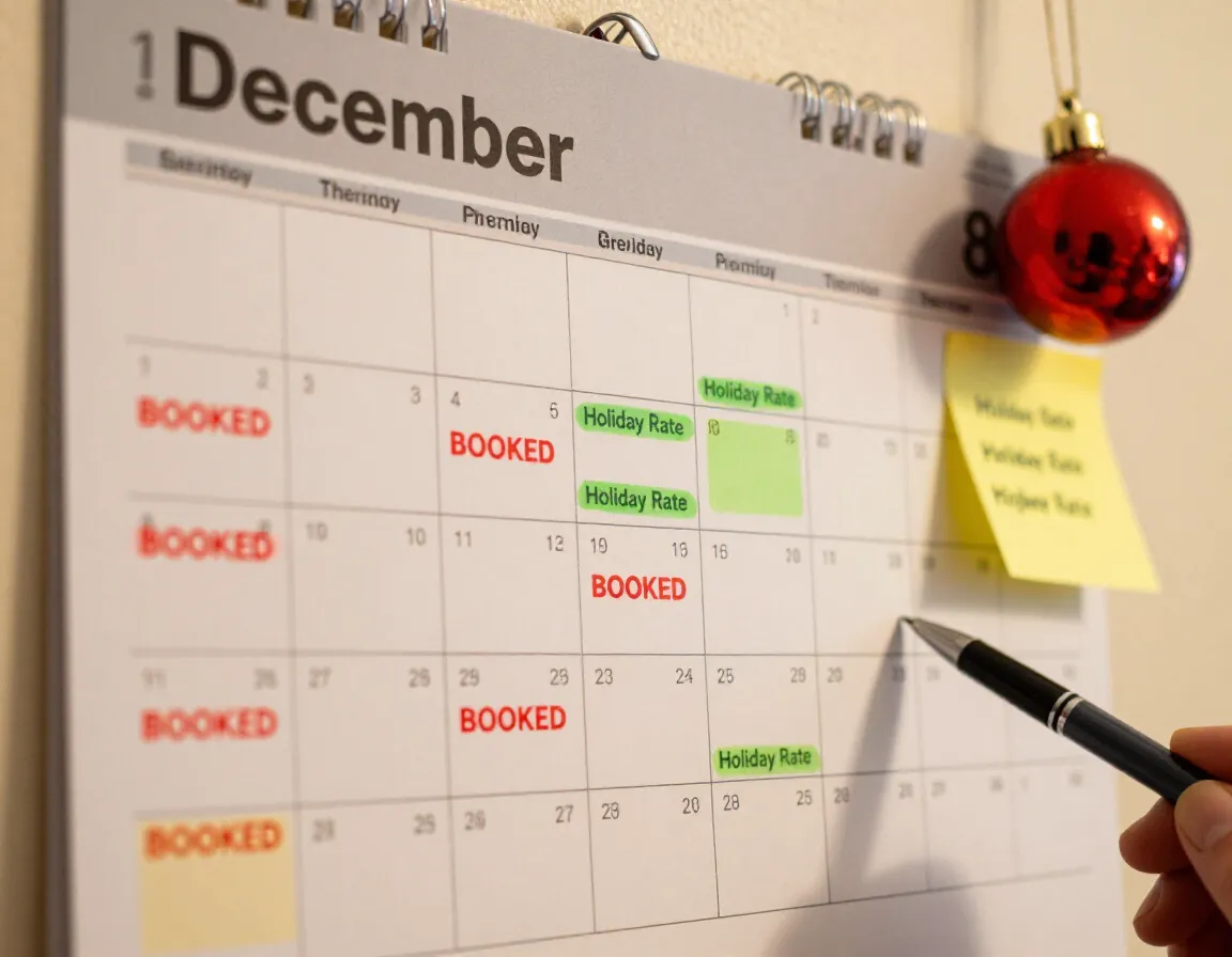 Calendar on wall marked with holiday bookings and premium rates