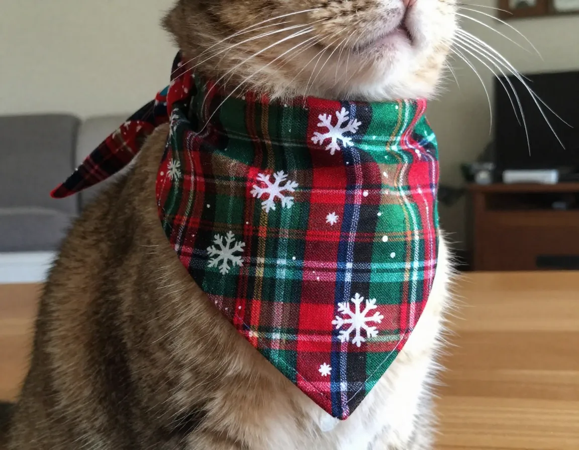Cat wearing a simple diy holiday bandana made from festive fabric