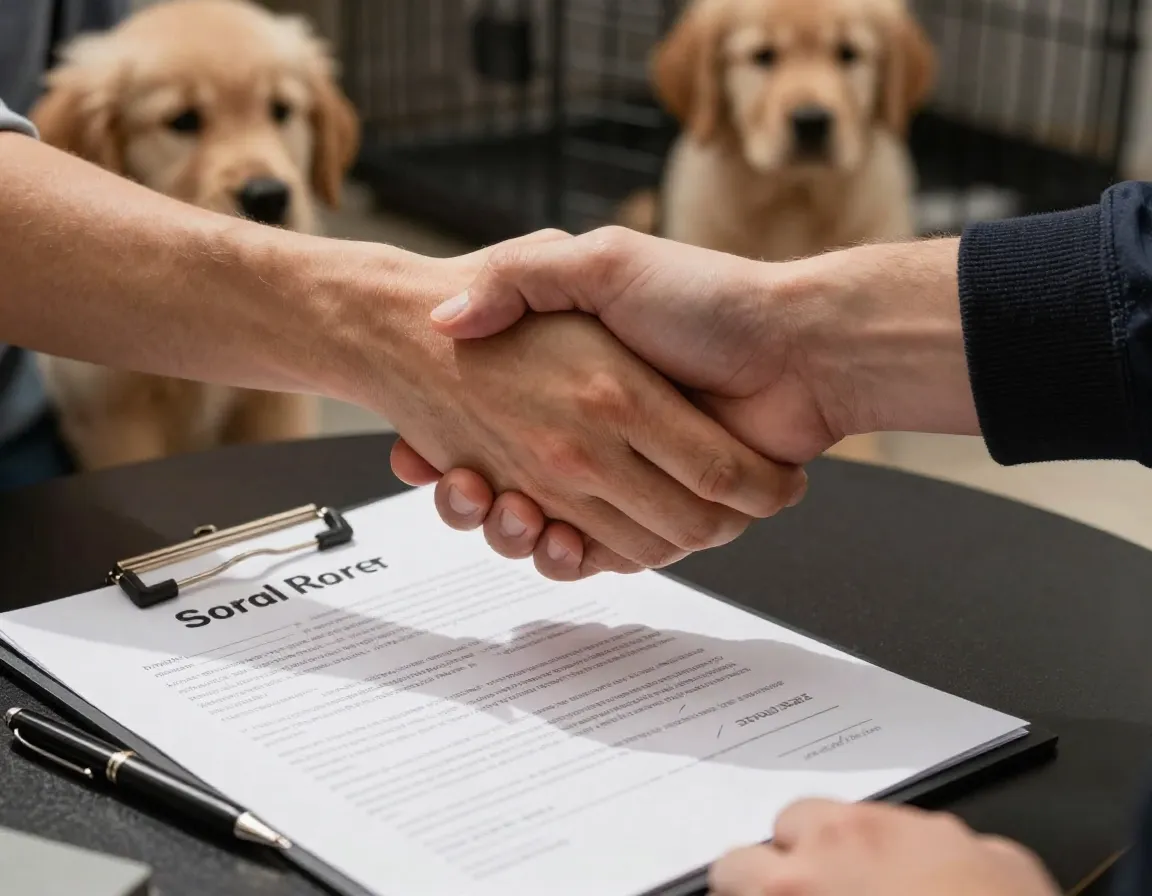 Handshake sealing a deal over a puppy sales contract on a table