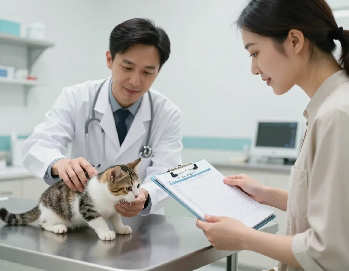 Veterinarian examining a kitten while owner reviews a feeding log