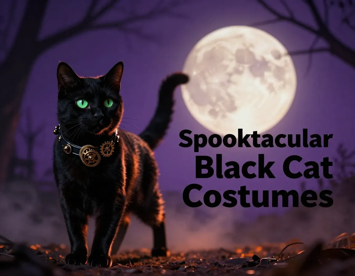 Elegant black cat prowling steampunk collar full moon silhouette