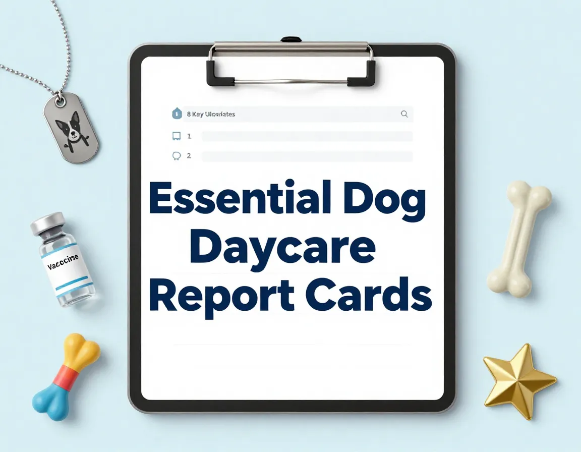 Flat lay of modern doggy daycare report card with key icons