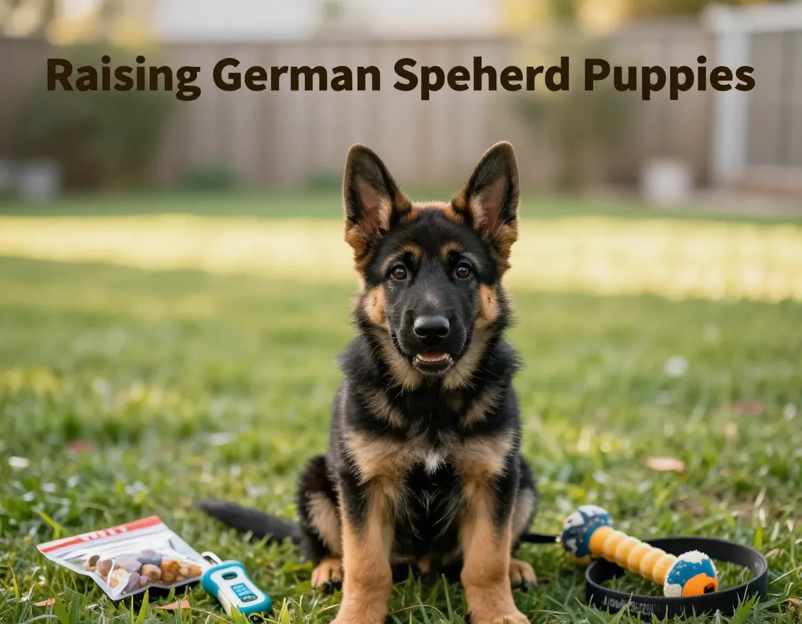 Fluffy puppy obedient sitting training items backyard morning