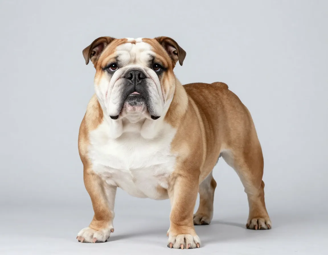 Adult english bulldog showcasing stocky build large head proportions