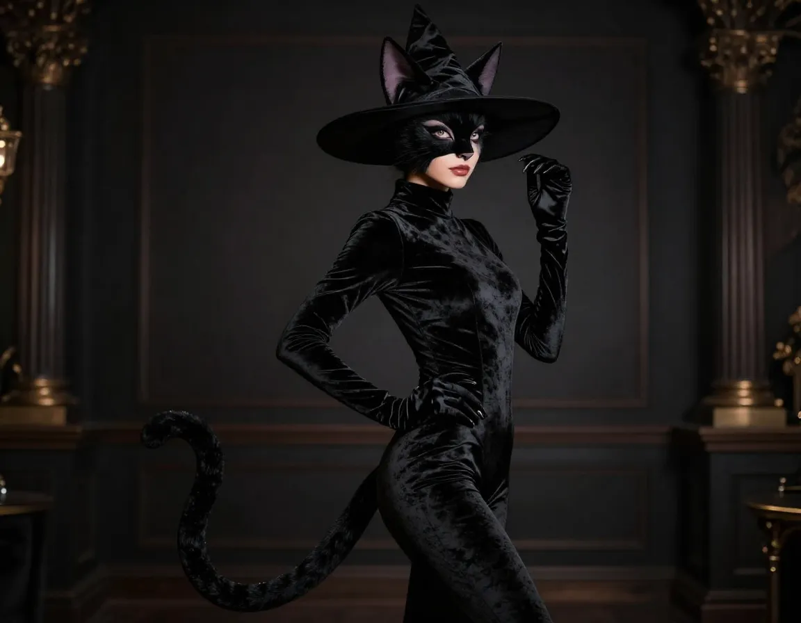 Elegant witch companion black cat bodysuit with velvet and ears