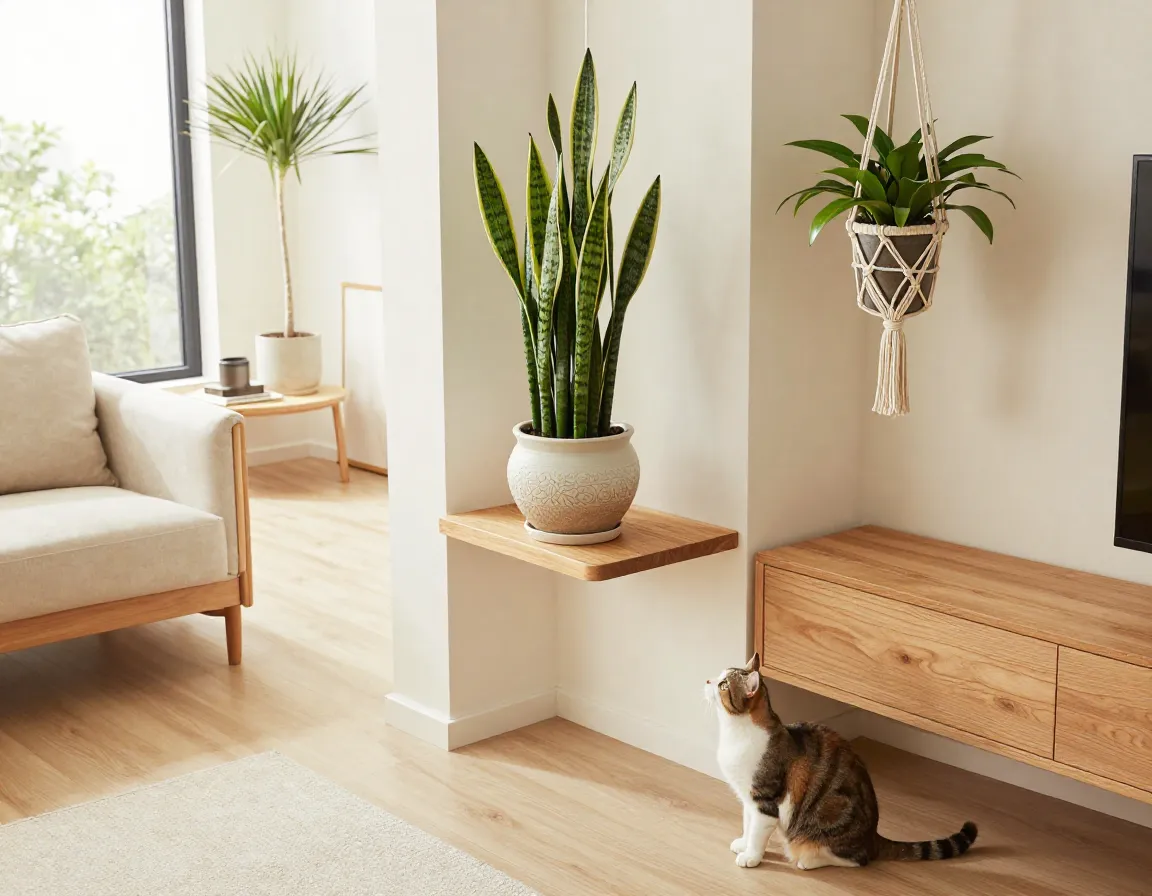 High shelf hanging macrame safe snake plant placement cat on floor