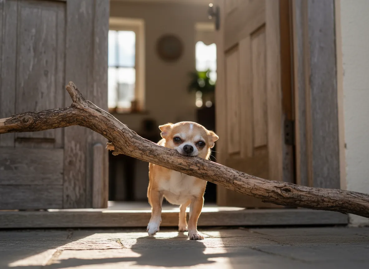 Tiny chihuahua determinedly carries oversized stick through doorway