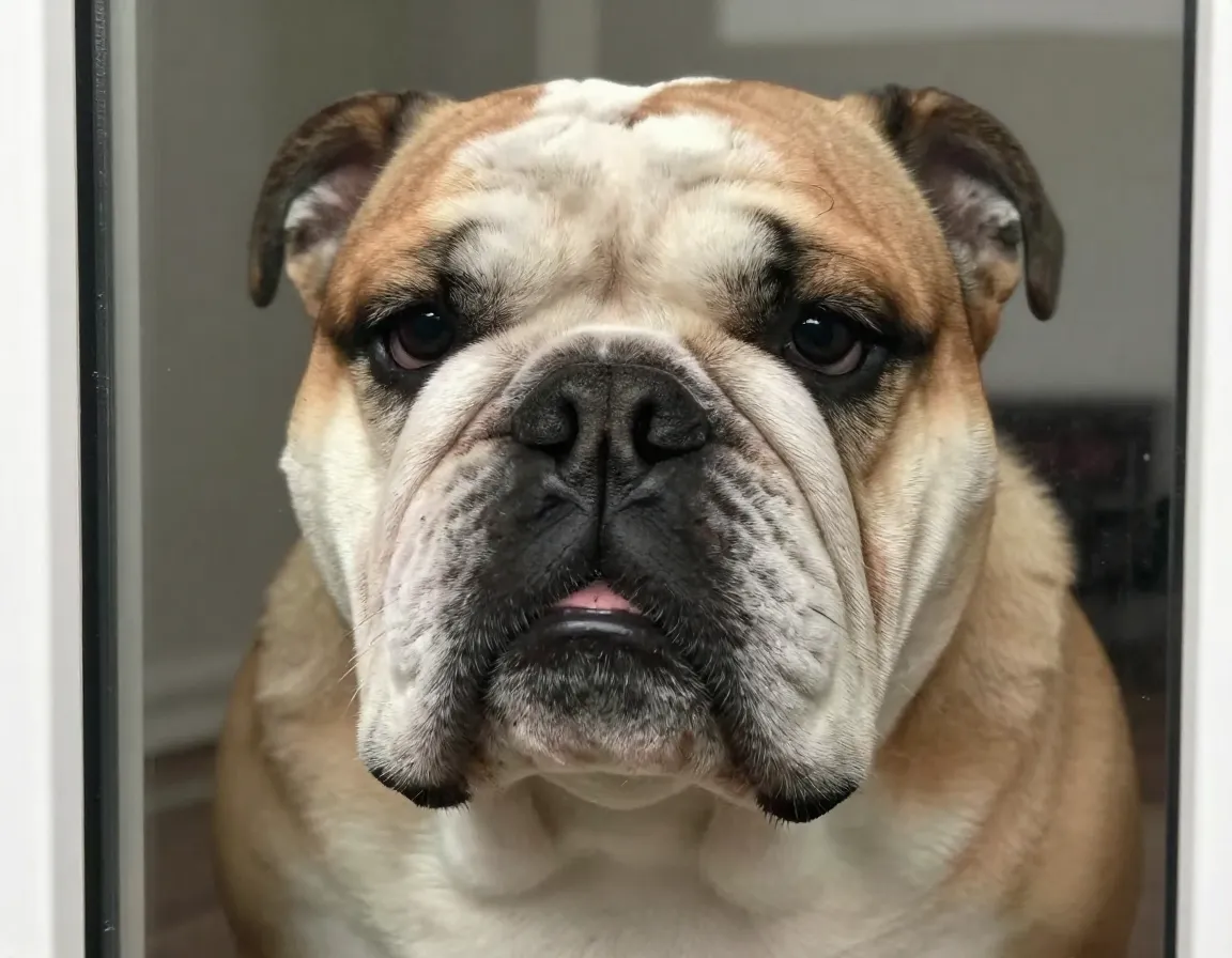 Bulldog face pressed and distorted against clear glass door