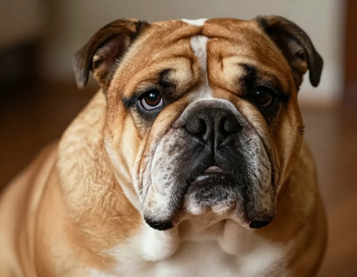 Closeup bulldog fawn black mask wrinkled brachycephalic face